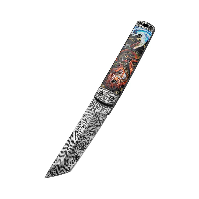 1pc Damascus Steel Outdoor Straight Knife,Portable EDC Pocket Knife with Scabbard,Multi -purpose Cutting Knife and Fruit Knife