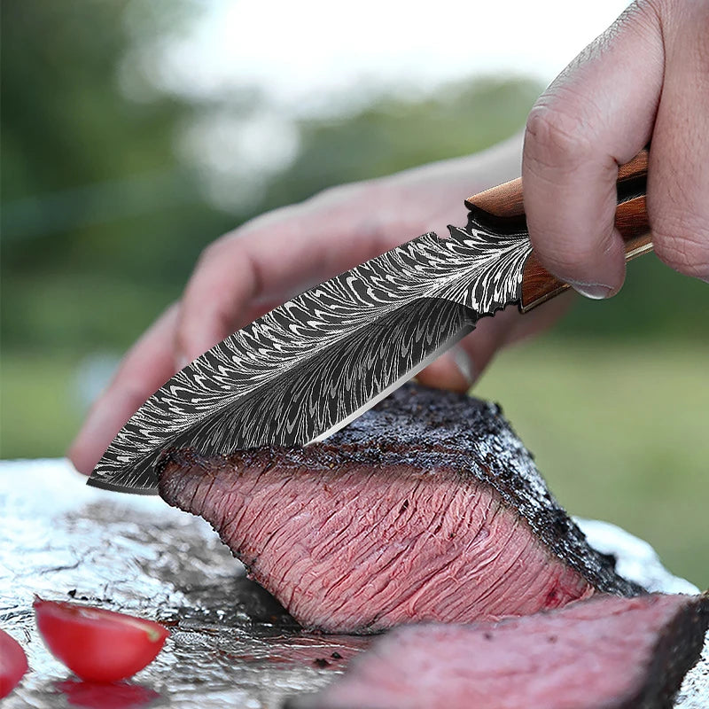 Kitchen Knife Meat Cleaver Knife Feather Pattern Knife With Sheath Stainless Steel Fruit Knives with Non-slip handle Bone Knife