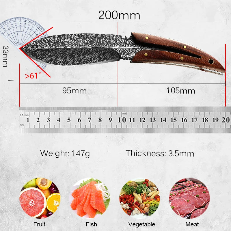 Kitchen Knife Meat Cleaver Knife Feather Pattern Knife With Sheath Stainless Steel Fruit Knives with Non-slip handle Bone Knife