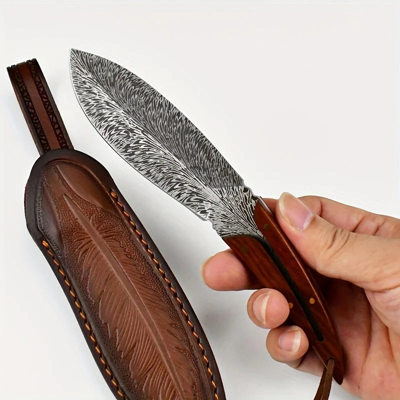 Kitchen Knife Meat Cleaver Knife Feather Pattern Knife With Sheath Stainless Steel Fruit Knives with Non-slip handle Bone Knife