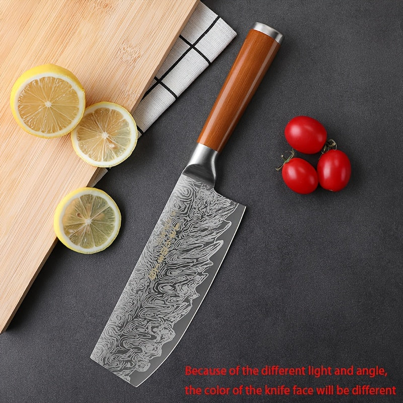 1pc, Japanese Santoku Knife, Household Damascus Kitchen Knife, Chef Knife, Fruit Knife, Multifunctional Kitchen Cutting Slicing Knife, Meat Cleaver Knife, Kitchen Utensils, Kitchen Supplies, Back To School Supplies