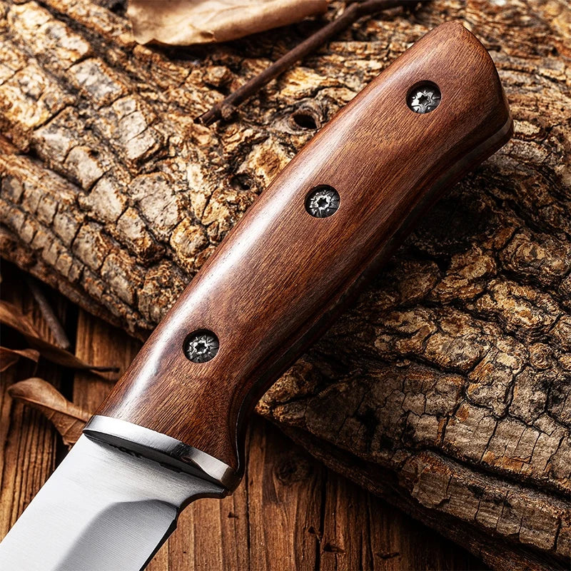 1 pc 9.3 inch, imitation Damascus grain knife, high carbon stainless steel, solid wood handle, for outdoor camping hunting barbe