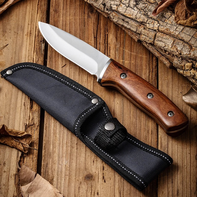1 pc 9.3 inch, imitation Damascus grain knife, high carbon stainless steel, solid wood handle, for outdoor camping hunting barbe
