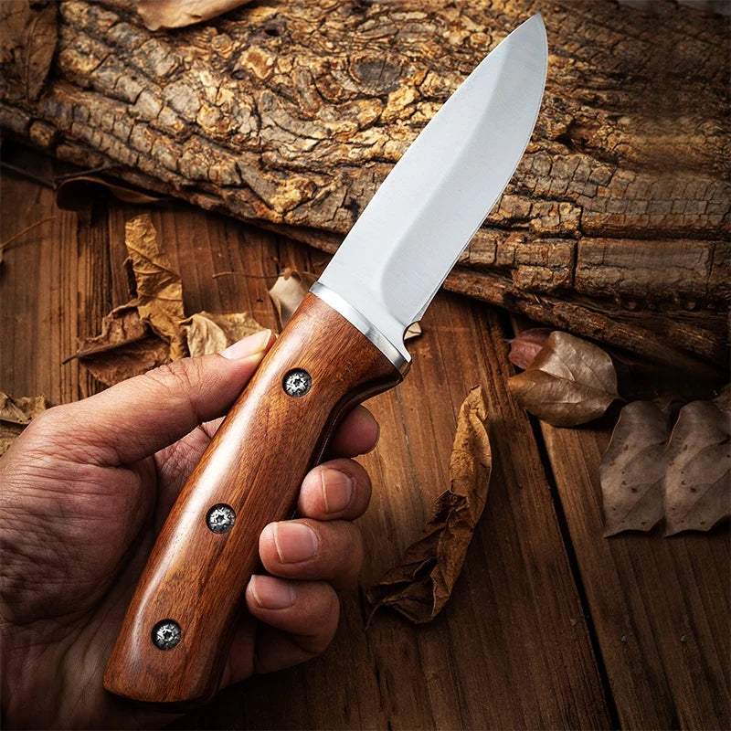1 pc 9.3 inch, imitation Damascus grain knife, high carbon stainless steel, solid wood handle, for outdoor camping hunting barbe