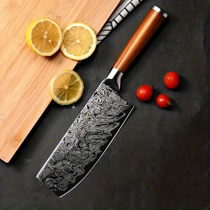 1pc, Japanese Santoku Knife, Household Damascus Kitchen Knife, Chef Knife, Fruit Knife, Multifunctional Kitchen Cutting Slicing Knife, Meat Cleaver Knife, Kitchen Utensils, Kitchen Supplies, Back To School Supplies