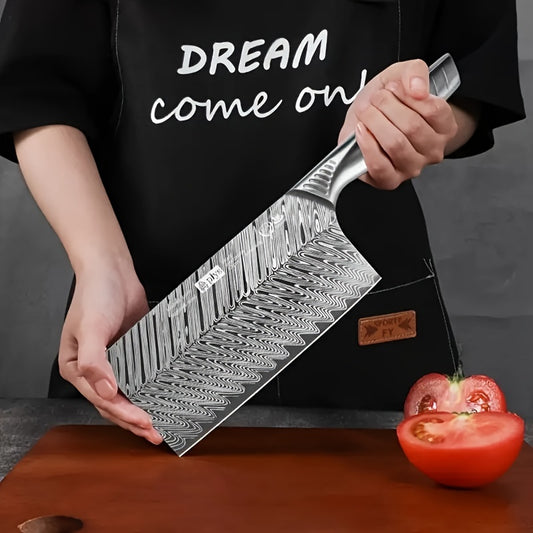 1pc, Stainless Steel Chef's Special Chopping And Cutting Knife, Damascus Pattern Slicing Knife, Meat Cutting Knife, Restaurant Forging Kitchen Knife