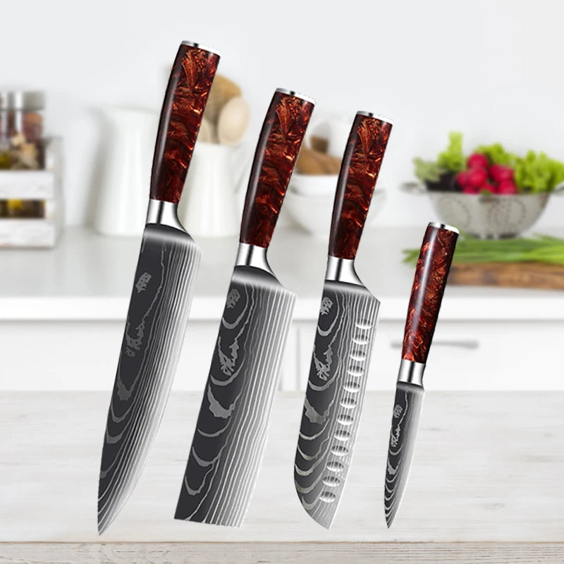 Damascus Steel Chef's Knife 7Cr17Mov Stainless Steel Meat Cleaver Japanese Santoku Knife Sharp Fruit and Vegetable Slicing Knife