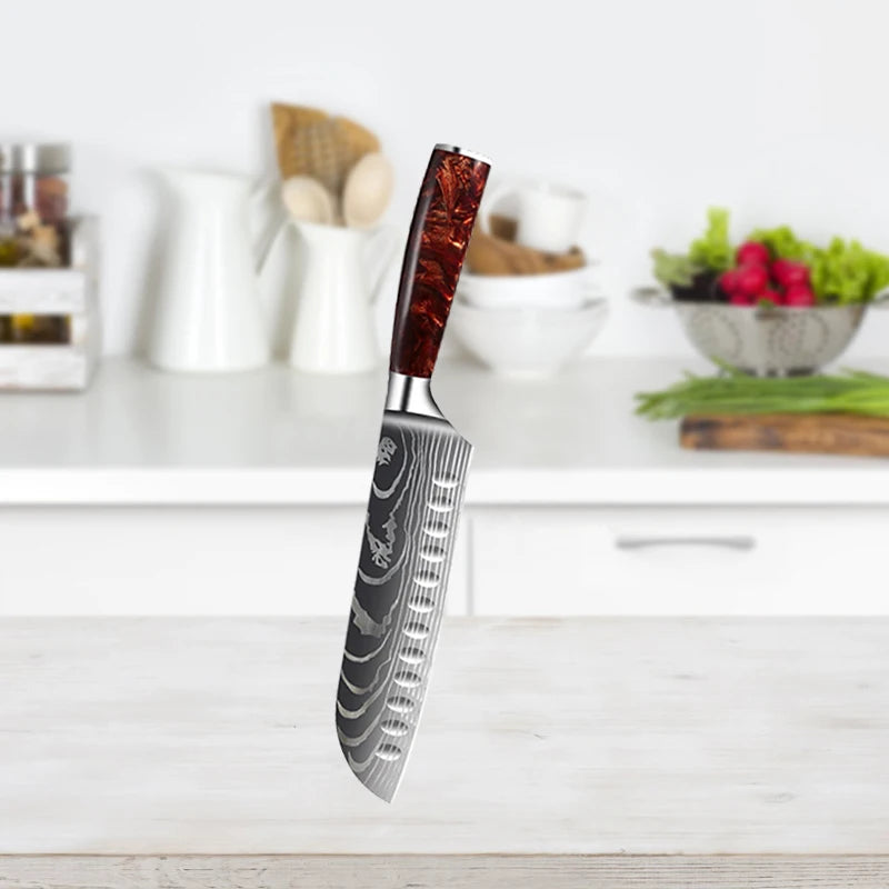 Damascus Steel Chef's Knife 7Cr17Mov Stainless Steel Meat Cleaver Japanese Santoku Knife Sharp Fruit and Vegetable Slicing Knife