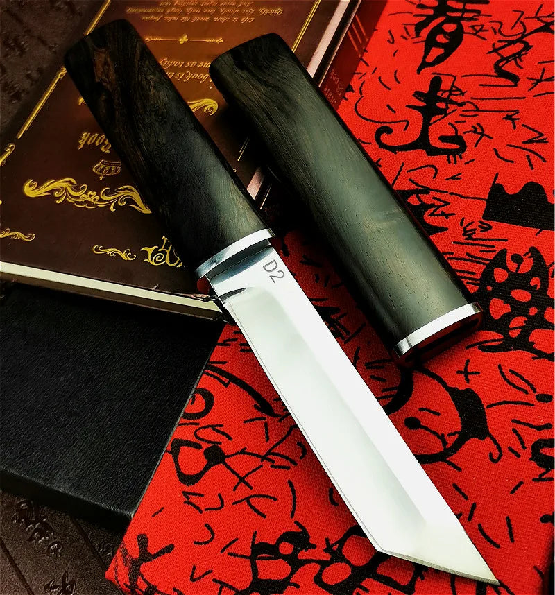 Japanese samurai ebony tactical straight knife high quality D2 steel sharp hunting knife outdoor tool knife gift knife