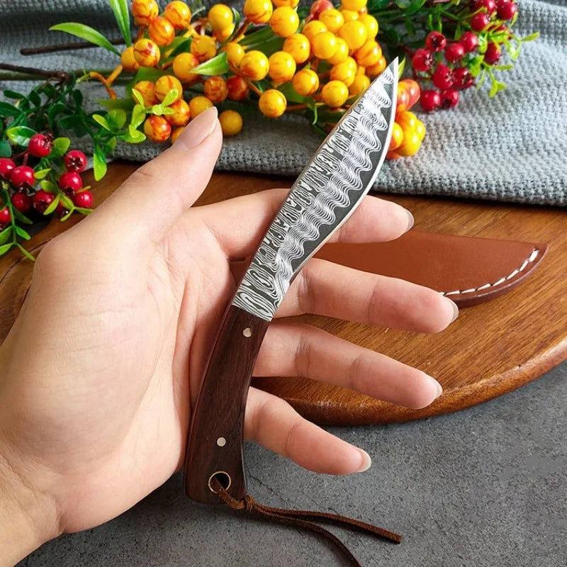PLYS-Damascus patterned old-fashioned Mongolian knife, mini curved knife, barbecue outdoor knife, meat eating knife
