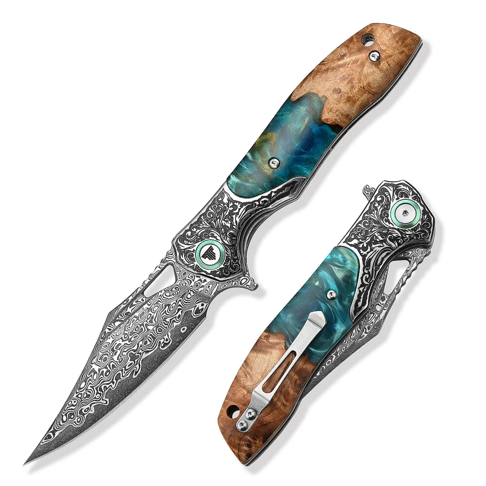 TRIVISA  Pocket EDC Knife for Men,Camping Folding Knife with Clip， 3.77'' Damascus Steel Blade, Carbon Fiber Handle，Good Knives