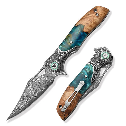 TRIVISA  Pocket EDC Knife for Men,Camping Folding Knife with Clip， 3.77'' Damascus Steel Blade, Carbon Fiber Handle，Good Knives