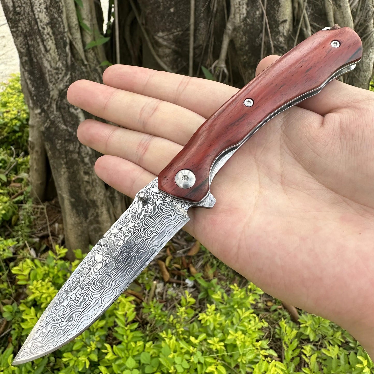 Topwell Handmade 167Layers Damascus Outdoor Folding Knife Ball Bearing Smooth & Fast Opening Natural Rosewood Handle EDC Camping