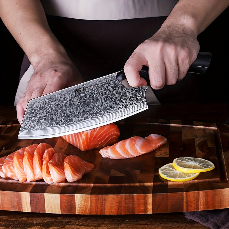 1pc, Cleaver Knife, Damascus Steel Chinese Chef Knife, Sharp Chopping Knife For Meat Vegetable (Cheetah Series, W/Ebony Wood Handle), Kitchen Utensils, Kitchen Supplies, Kitchen Accessories, Kitchen Stuffs