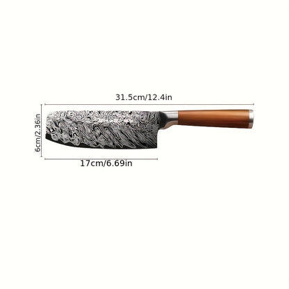 1pc, Japanese Santoku Knife, Household Damascus Kitchen Knife, Chef Knife, Fruit Knife, Multifunctional Kitchen Cutting Slicing Knife, Meat Cleaver Knife, Kitchen Utensils, Kitchen Supplies, Back To School Supplies